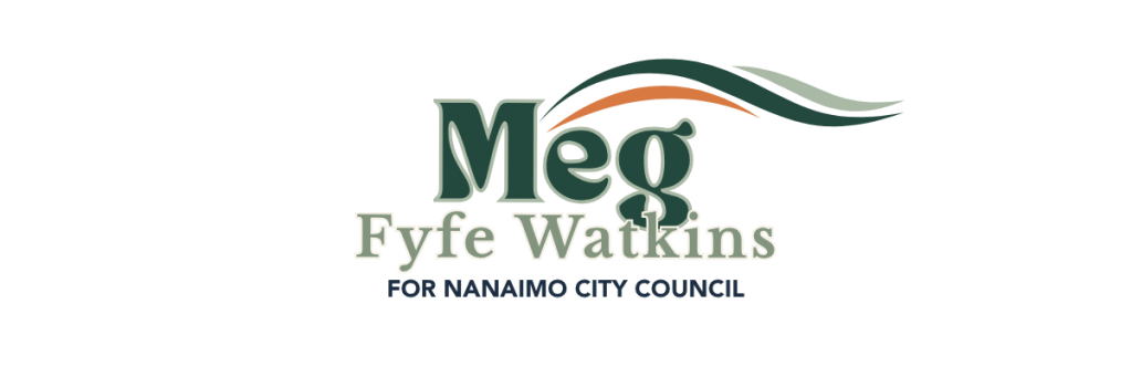 Footer Image of Campaign Logo (Meg Fyfe Watkins for Nanaimo City Council in various shades of green & navy blue, with a swooshy symbol of three lines above the name)